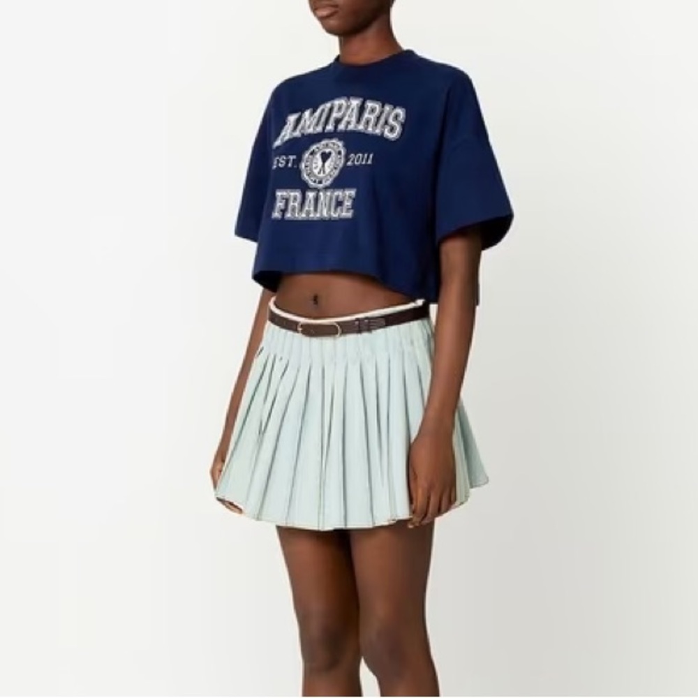AMI Alexandre Mattiussi Embroidered Logo Cropped Crewneck T-Shirt Navy Blue S
